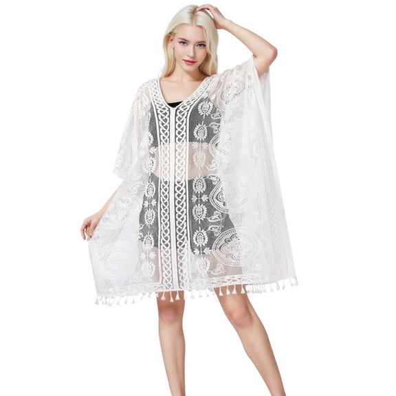 Summer Women's Tassel Trim Lace Beach Cover Up, Casual Boho Embroidery Mesh Swimwear Cover Up Kimono