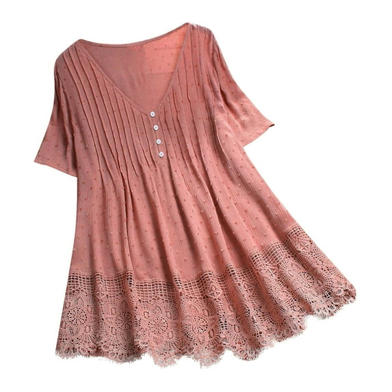 Summer Women's Tops Solid Color V-Neck Button Pleated Hem Short Sleeve Tops Casual Waist Women's T-Shirt Dress