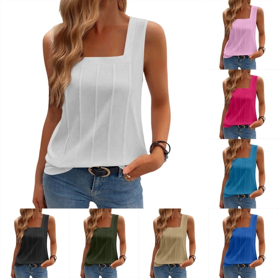 Summer Women's Wide Strap Square Neck Sleeveless Loose Fit Tank Top, Blue S