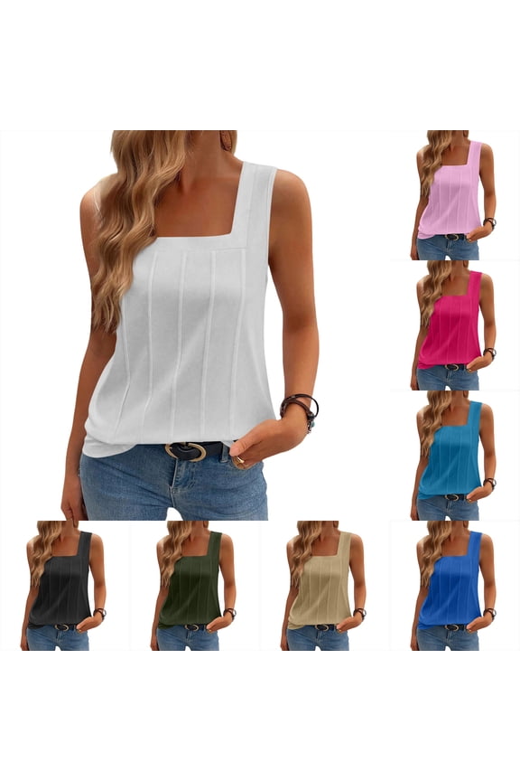 Summer Women's Wide Strap Square Neck Sleeveless Loose Fit Tank Top, Camel XL