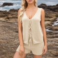 thumbnail image 1 of Summer Womens 2 Piece Sets Outfits Fashion V-Neck Sleeveless Lactation Tank Tops Blouse Elastic Waist Shorts Knitted Lounge Sets — Beige∣L, 1 of 8