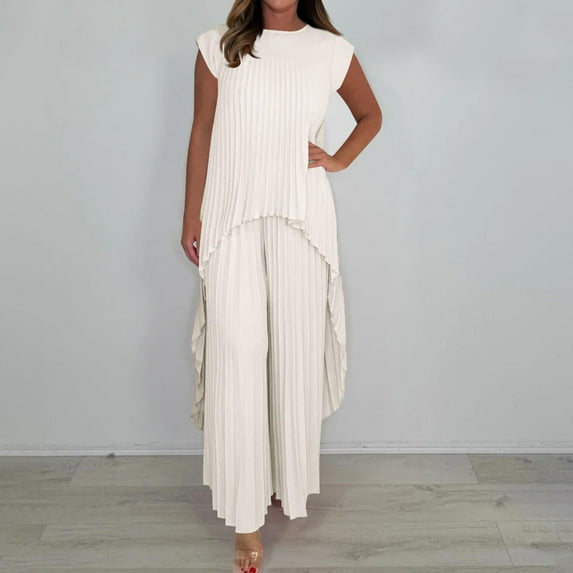 Summer Womens 2 Piece Sets Outfits Plus Size Solid-Color Round-Neck Short-Sleeved Pleated Top And Straight-Leg Pants Casual White Lounge Sets S-3XL