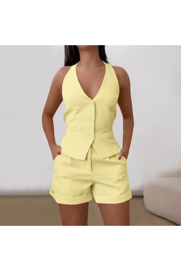 Summer Womens 2 Piece Sets Outfits Plus Size Solid Color Sleeveless Casual Suit Sleeveless V-neck Yellow Lounge Sets S-2XL