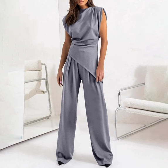 Summer Womens 2 Piece Sets Outfits Solid Color Irregular Suit Sleeveless Round Neck Lounge Sets — Gray∣L
