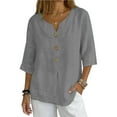 thumbnail image 1 of Summer Womens 3/4 Length Sleeve Tops Casual Solid Color Button Loose Gray Loose Fit Top S-2XL, 1 of 8