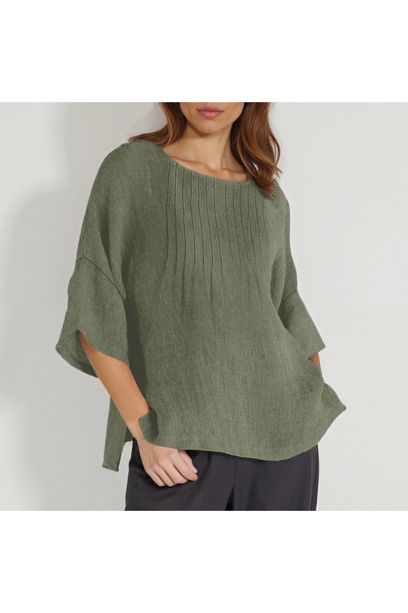 Summer Womens 3 Of 4 Sleeve Crew Neck Floral Printed Loose Top T Shirts Casual Linen Tunic Tee Blouse Woman S Workout Top Burnout Tee Shirts Womens Bulk Football Shirt Women Short Sleeved Shirts for