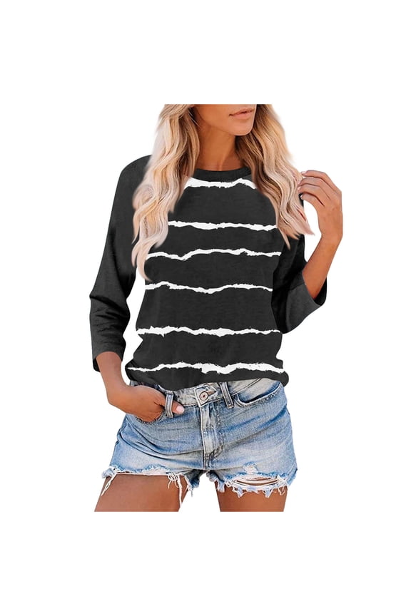Summer Womens 3/4 Sleeve Tops Scooped Neck Tees Shirts Lounge Breathable Tunics Blouses Striped Print T-Shirts Beach Vacation Clothes 2025 Summer