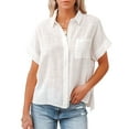 thumbnail image 1 of Summer Womens Button Down V Neck Shirts Cotton and Linen Short Sleeve Blouse Casual Work Plain Tops with Pockets, 1 of 4