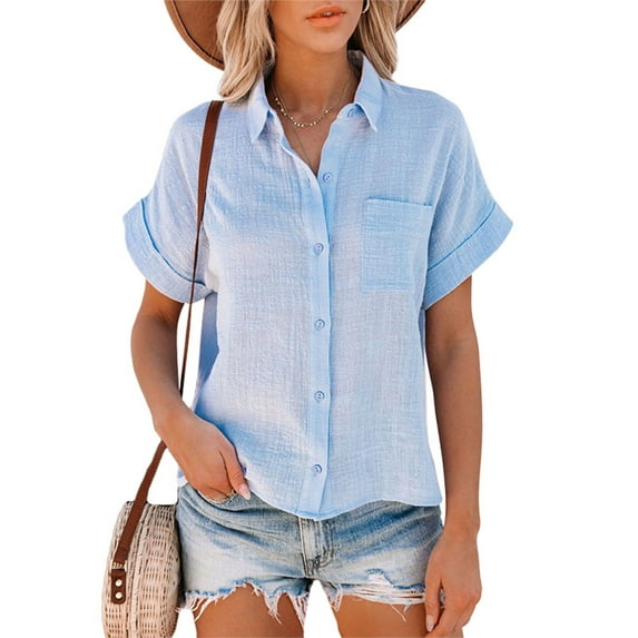 Summer Womens Button Down V Neck Shirts Cotton and Linen Short Sleeve Blouse Casual Work Plain Tops with Pockets