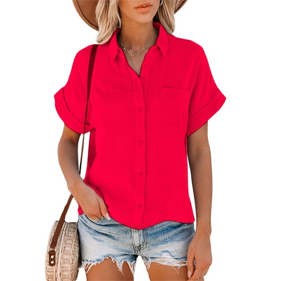 Women Summer Short Sleeve Pocket Tops Button Down Cotton Linen Shirt Blouse Loose Fit Casual Lapel V-Neck Tops