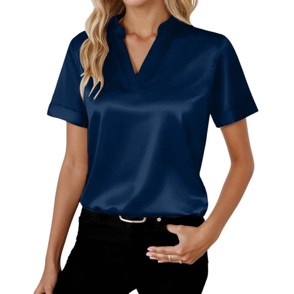 Summer Womens Casual Blouse Solid Color Loose Fit Shirt Top Versatile Basic Elegant Style Short Sleeve V Neck Blue XL