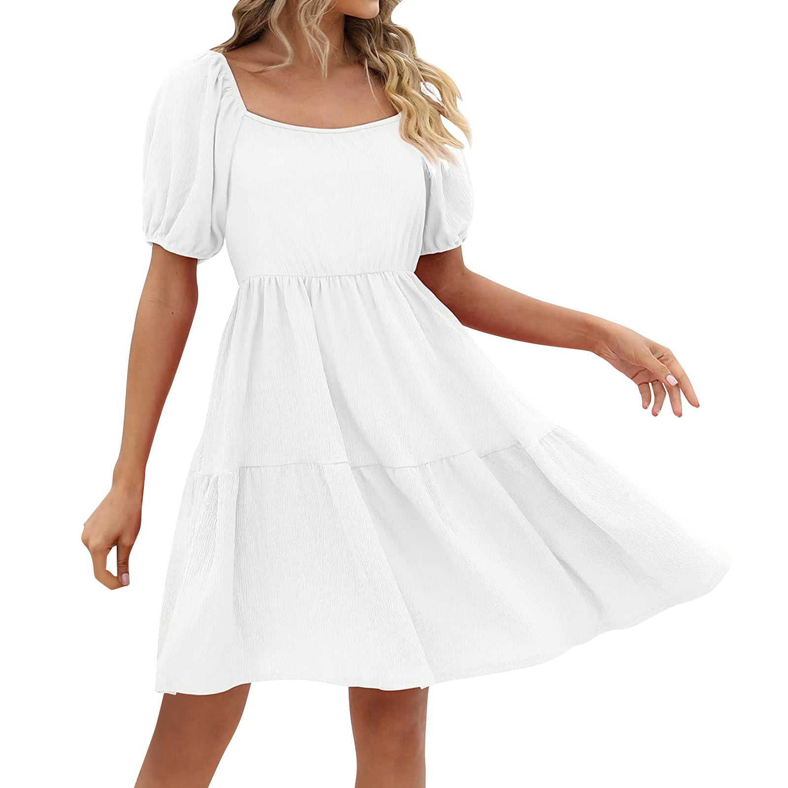 Summer Womens Casual Dresses Square Neck Puff Sleeve Casual Loose Solid