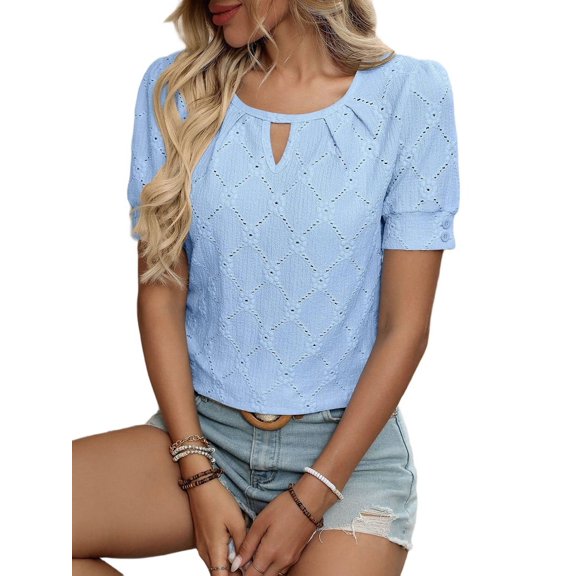Summer Womens Casual Hollow Embroidered Blouses Short Sleeve Shirts L