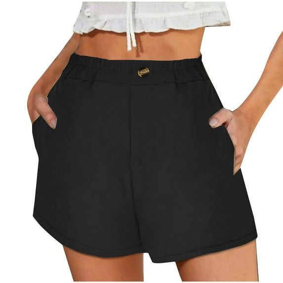 Summer Womens Casual Shorts Pleated Shorts with Slanted Pockets High Waist Button Black,XL