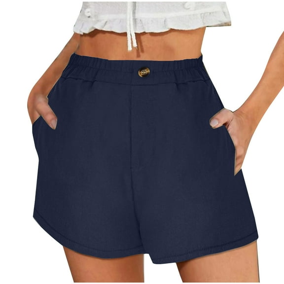 Summer Womens Casual Shorts Pleated Shorts with Slanted Pockets High Waist Button Navy,S
