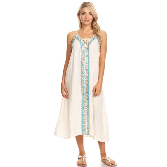Summer Womens Casual Sleeveless Embroidered Boho Summer Kaftan Beach Dress