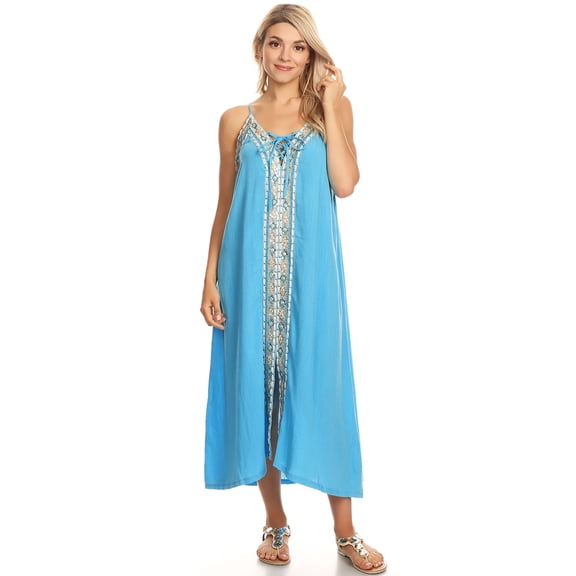 Summer Womens Casual Sleeveless Embroidered Boho Summer Kaftan Beach Dress