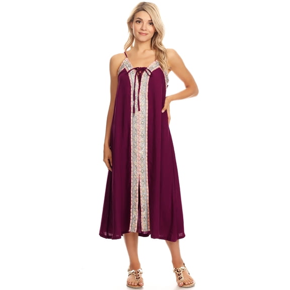 Summer Womens Casual Sleeveless Embroidered Boho Summer Kaftan Beach Dress