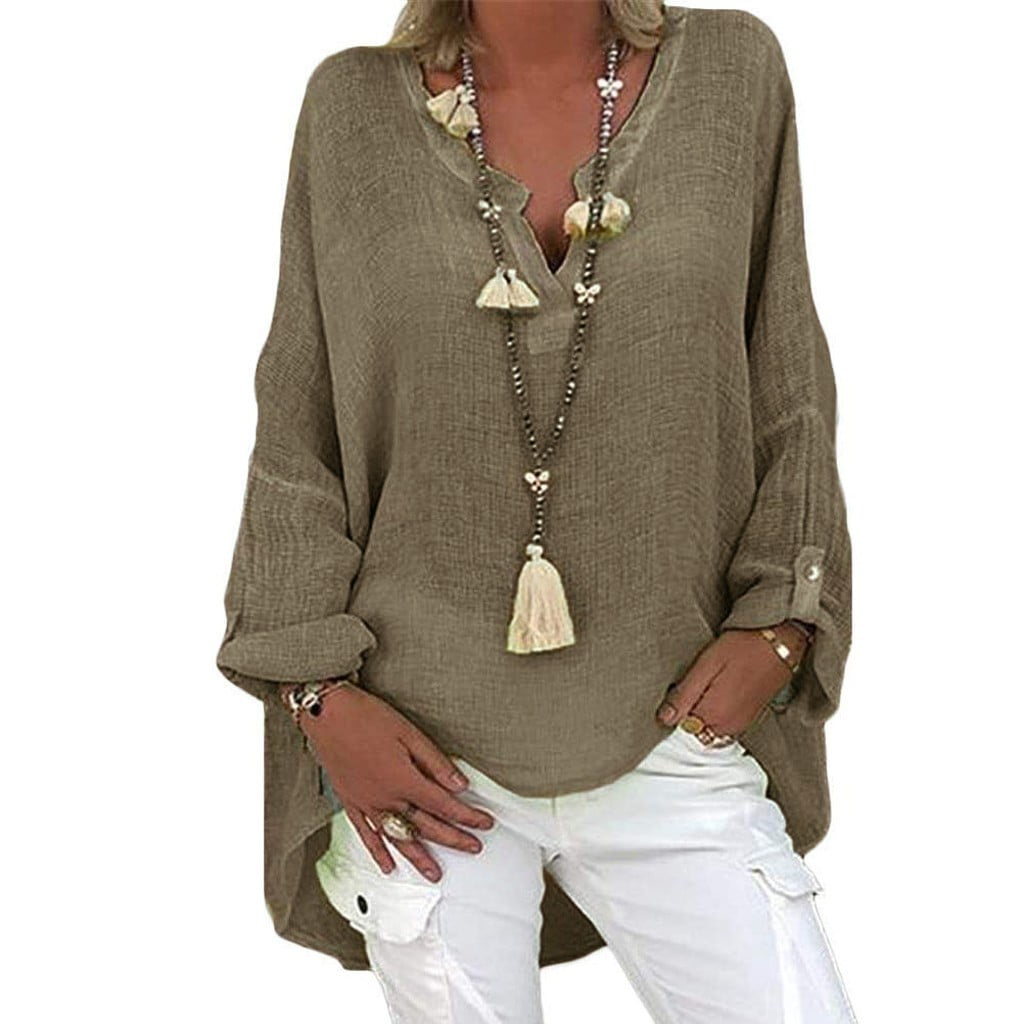 Summer Womens Cotton Linen Long/Short Sleeve Plus Size V Neck Button ...