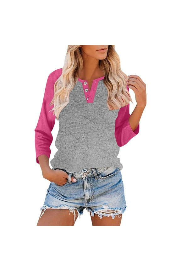 Summer Womens Cotton Tops Color Block Tunic Blouses Scooped Neck 3/4 Sleeve Tops Trendy Dressy Tee Shirts Relaxed Fit Top Shirts Pure Color Workout Sport Yoga Clothes Trendy 2025 Spring