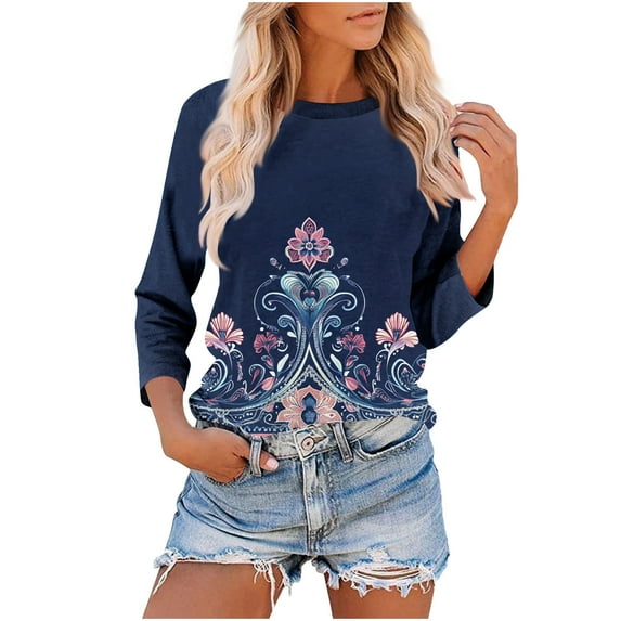 Summer Womens 3/4 Sleeve Tops Scooped Neck Tees Shirts Lounge Breathable Tunics Blouses Striped Print T-Shirts Beach Vacation Clothes 2025 Summer