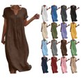 thumbnail image 1 of Summer Womens Dress Cotton Linen V-Neck Short Sleeves Button Detail Loose Fit Midi Dress, 1 of 6