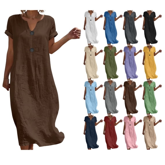Summer Womens Dress Cotton Linen V-Neck Short Sleeves Button Detail Loose Fit Midi Dress