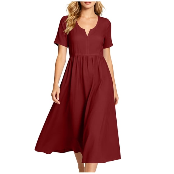 Summer Womens Dress Fashion Casual Solid Color V-Neck Short Sleeve Loose Knee-Length Midi Dress