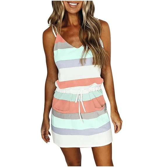 Summer Womens Dress Patlollav Women Sleeveless Bandage Stripe Print Loose Vest Sling Dresses
