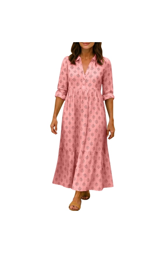Summer Womens Dress Plus Size Long Sleeve V-Neck Leaf Print Casual Button Front Midi Dress