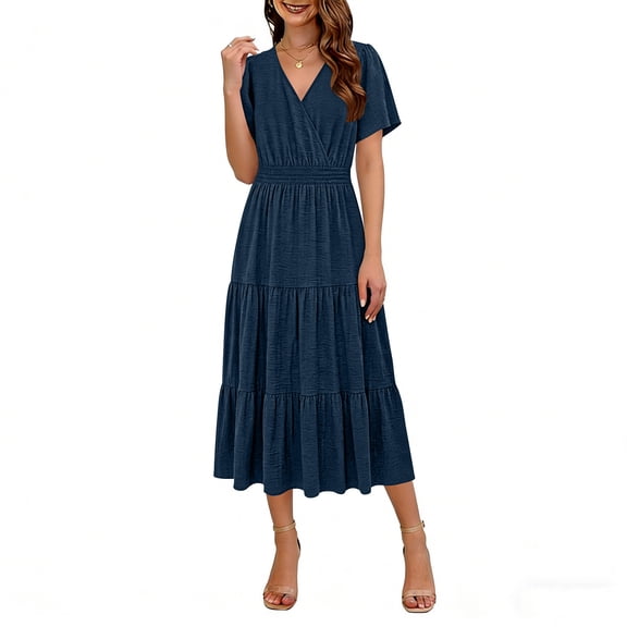 Summer Womens Dress V-Neck Short Sleeve Tiered Smocked Waist Flowy Midi Dress with Ruffle Hem