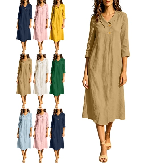 V-Neck Cotton Linen Maxi Dress for Women Loose Fit 3/4 Sleeve Button Front Flowy Beach Sundress