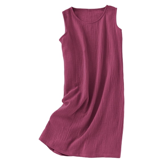 Summer Womens Dress Plus Size Sleeveless Cotton Gauze Round Neck Loose Fit Casual Dress