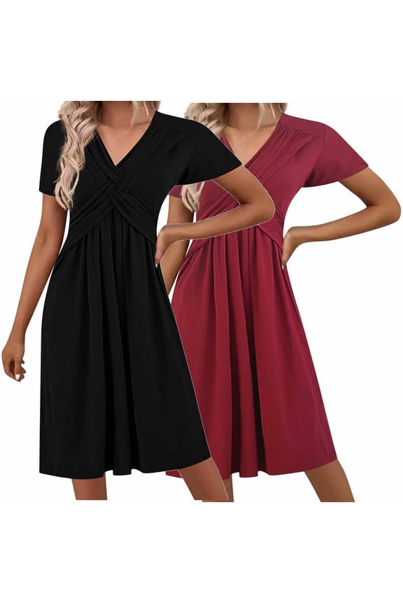 Summer Womens Dresses Summer Dress Women Fashion Women's Solid Color Short Sleeved V-Neck Casual Summer Pleated Dress Red XXL