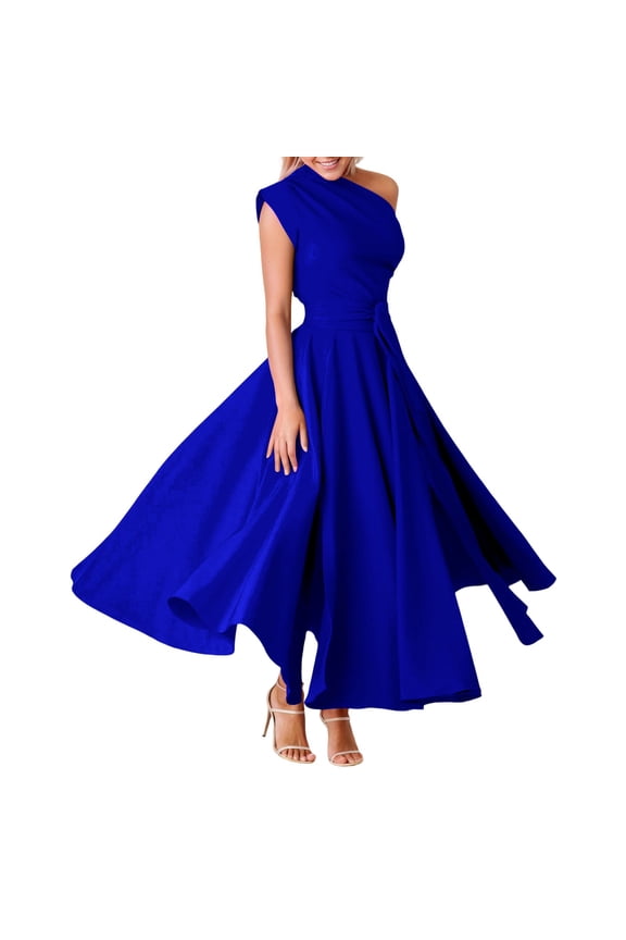 Summer Womens Elegant Casual Dress Asymmetrical Neckline Sleeveless Flowy Swing Waistband Gown One Shoulder Blue XS