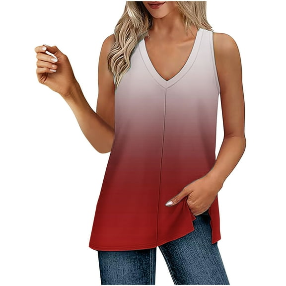 Summer Womens Gradient Print Sleeveless Shirts V Neck Tank Tops Loose Fitted Tunic Tees Casual Trendy Camisole Side Split Cami Going Out