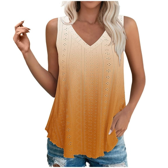 Summer Womens Gradient Print Tank Tops Causal V Neck Sleeveless Tee Eyelet Csmisole Loose Fit Tunic Tees Trendy Basic Blouses Cami Daily Work Outfits