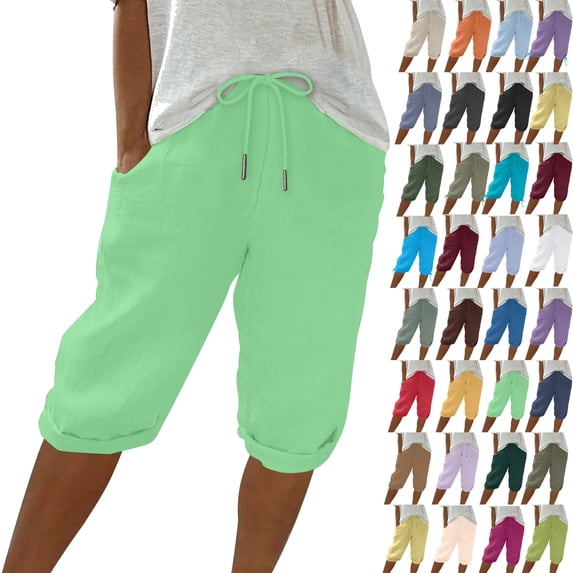 Summer Womens Half Shorts Pants Fashion Plus Size 2025 Shorts Solid Color Casual Capris Up to 65% off!