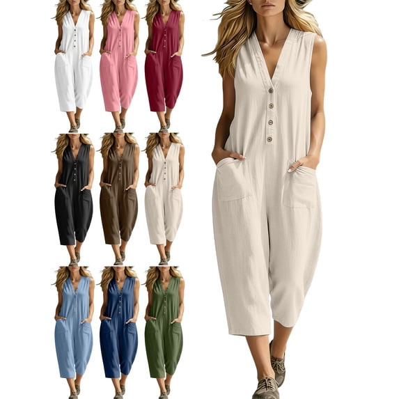 Summer Womens Jumpsuit 100% Cotton Loose Casual Pockets Solid Color Sleeveless Bodysuit with Three-Quarter Pants