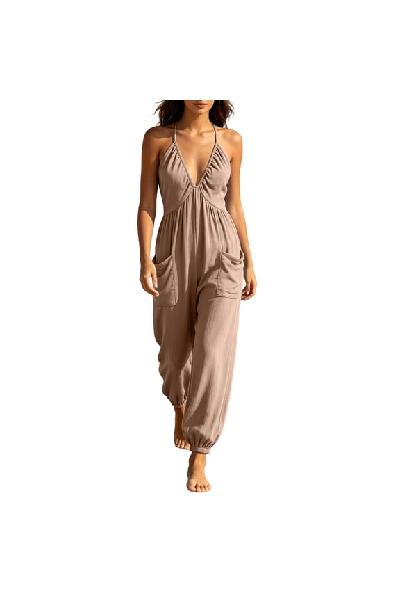 Summer Womens Jumpsuit Halter Neck Deep V-Neck Jumpsuit Backless Beach Romper with Pockets & Cuffed Ankles