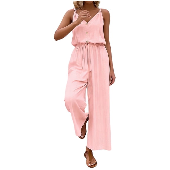 Summer Womens Jumpsuit Solid Color Buttoned Cropped Wide Leg Elastic Waist Bodysuit