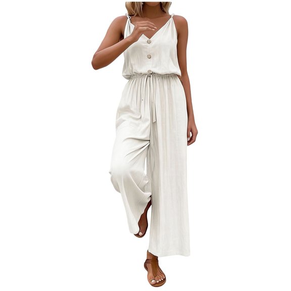 Summer Womens Jumpsuit Solid Color Buttoned Cropped Wide Leg Elastic Waist Bodysuit