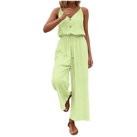 Summer Womens Jumpsuit Solid Color Buttoned Cropped Wide Leg Elastic Waist Bodysuit