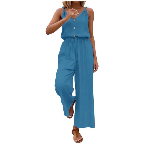 Summer Womens Jumpsuit Solid Color Buttoned Cropped Wide Leg Elastic Waist Bodysuit