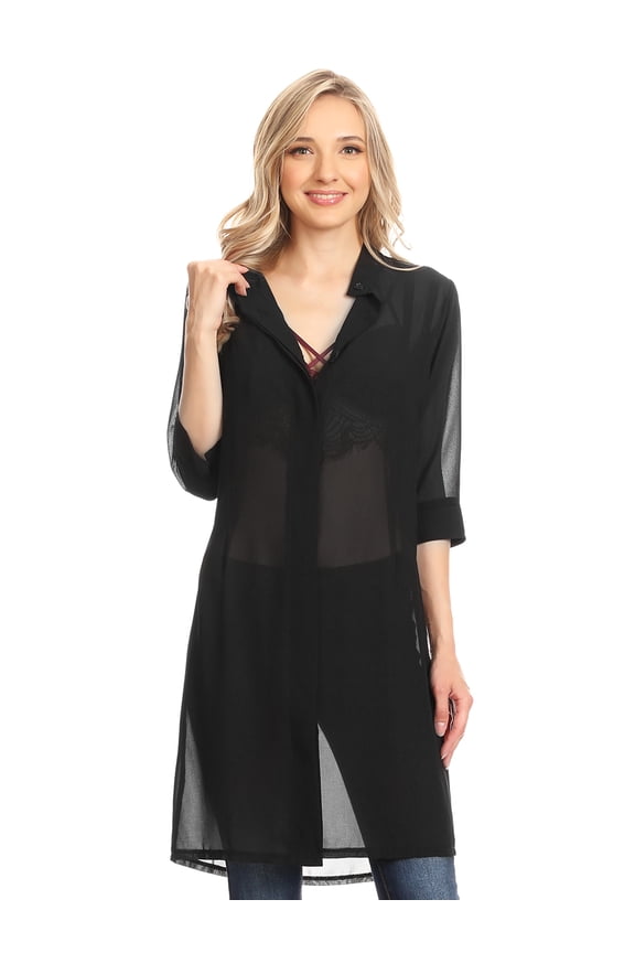 Summer Womens Junior Black Sheer Chiffon Long Tunic Blouse Dress Shirt