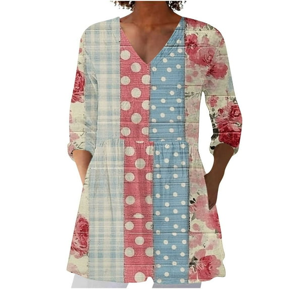 Summer Womens Linen Peplum Tops V Neck 3/4 Sleeve Shirts Retro Floral Printed Tee Shirt Casual Pleated Blouse Tee Ladies Tunic Blouses with Pockets