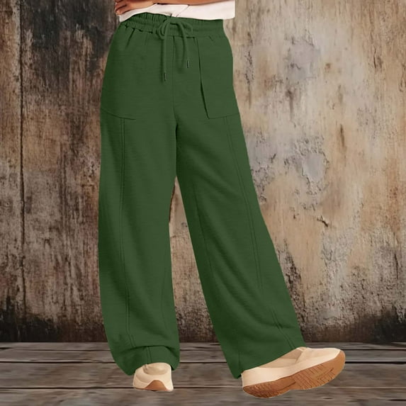 Summer Womens Linen Wide Leg Pants Casual Drawstring Solid Color Elastic Waist Sports Multi-Pocket Work Sweatpants Size S-2XL
