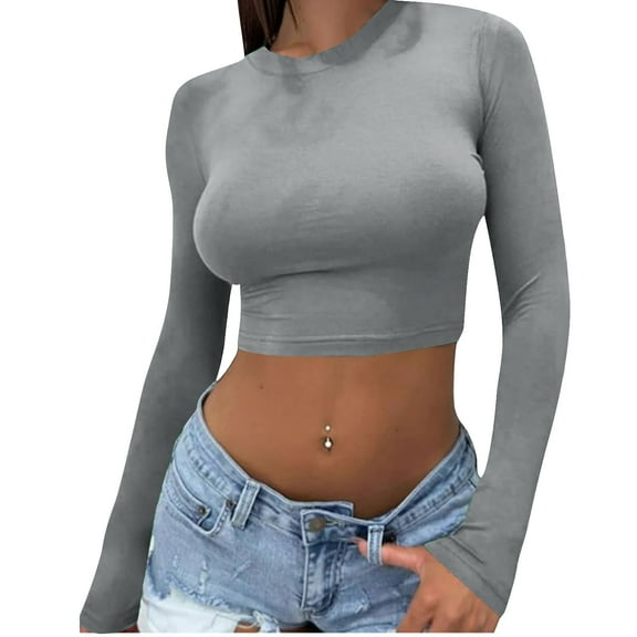 Summer Womens Long Sleeve Crop Tops Crew Neck Tee Plain Basic T Shirts Fitted Tight Shirt Classic Cropped Blouses Vacation Going Out Clothing