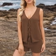 thumbnail image 1 of Summer Womens Lounge Sets V-Neck Sleeveless Lactation Tank Tops Blouse Elastic Waist Shorts Knitted Outfit Sets — Brown∣L, 1 of 6