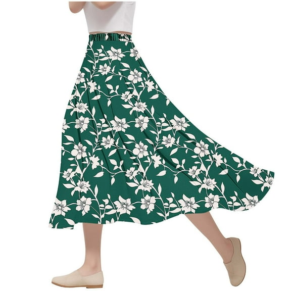 Summer Womens Midi Skirts Elastic Waisted A-Line Printed Flowy Beach Long Skirts Women Casual Daily Flowy Dresses Army Green XL